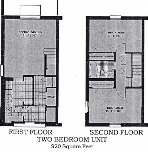 A black and white image of a two bedroom apartment layout.